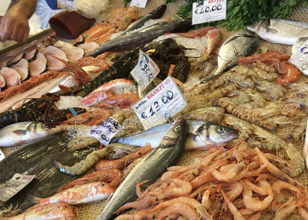 seafood placed on ice in a market